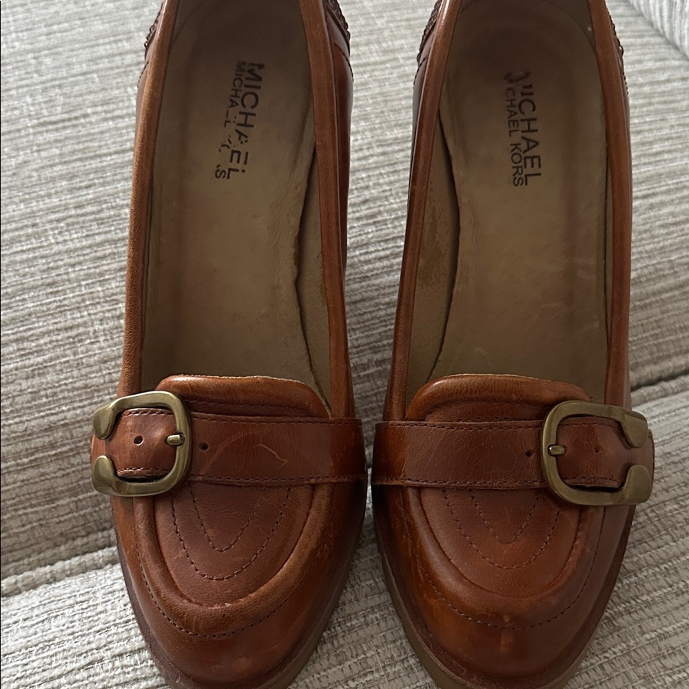 MICHAEL Michael Kors Cognac Leather Loafers with Buckle Detail